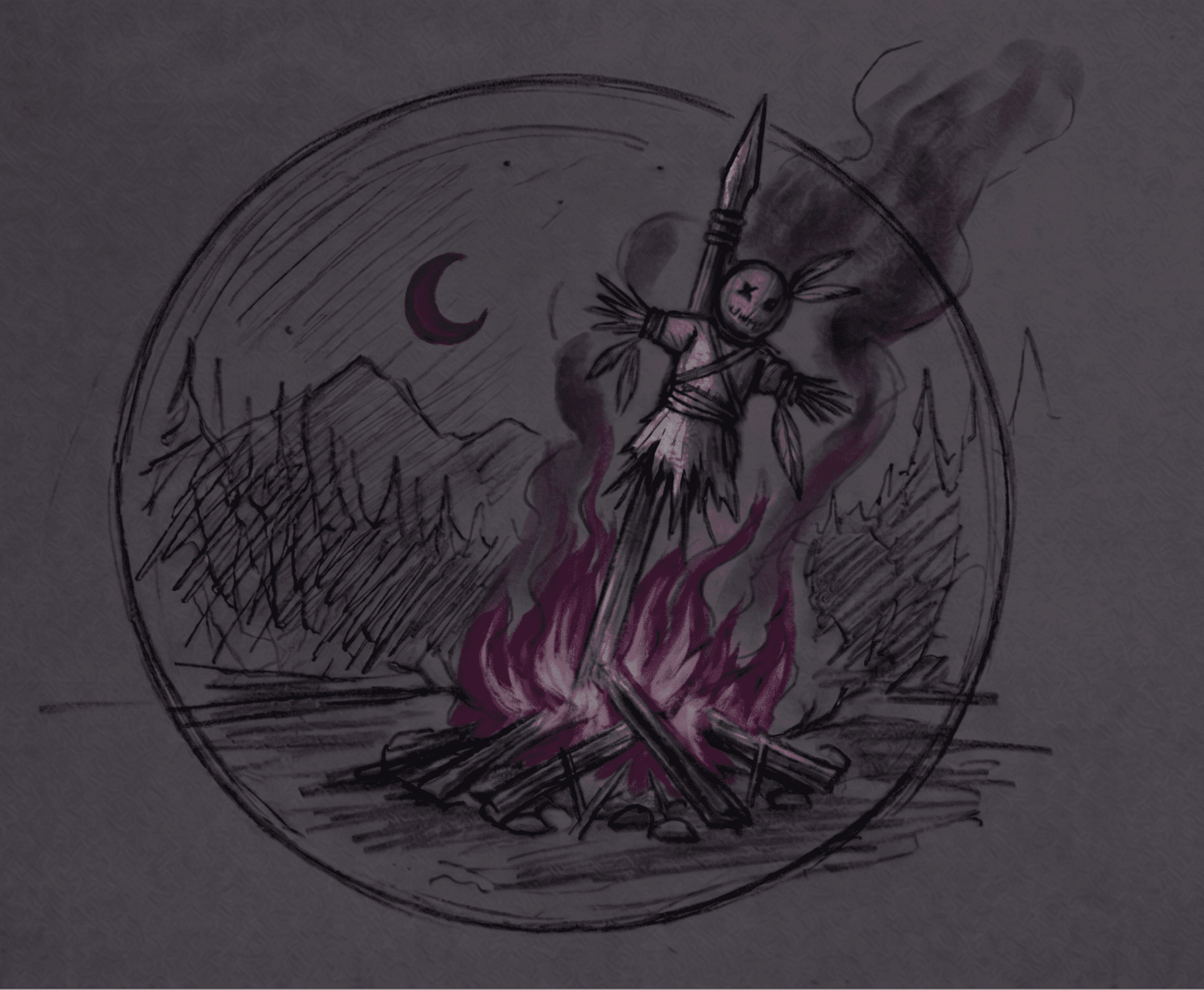 A straw effigy on a stake, smouldering above a purple bonfire under a crescent moon.